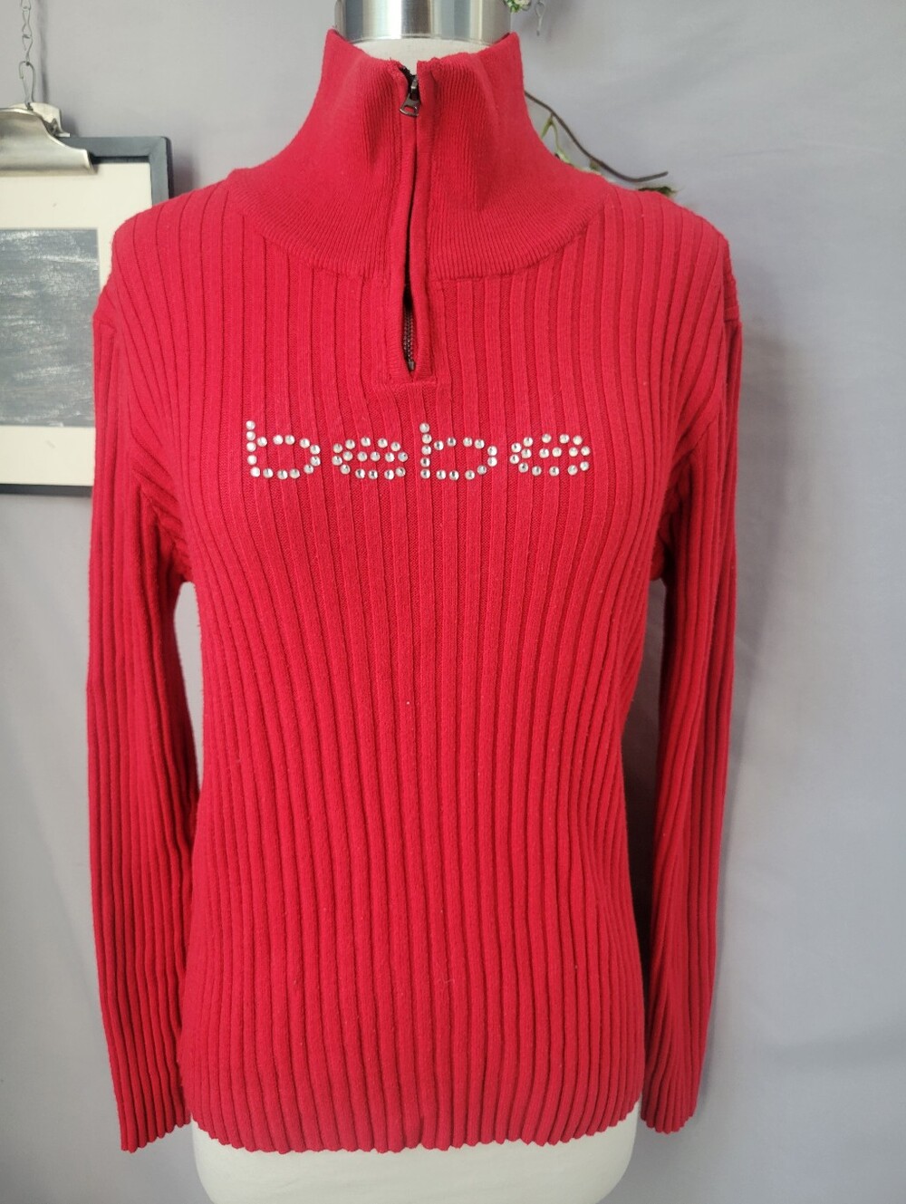 Bebe Ribbed Logo Embellished Rhinestone 1/4 Zip Sweater Red XL